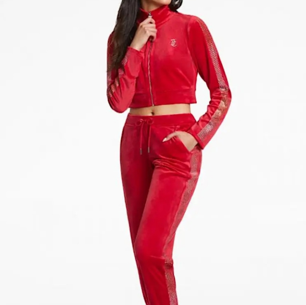 NWT Juicy Couture Bling Trim Velour Crop Track Jacket/Jogger Pants Set